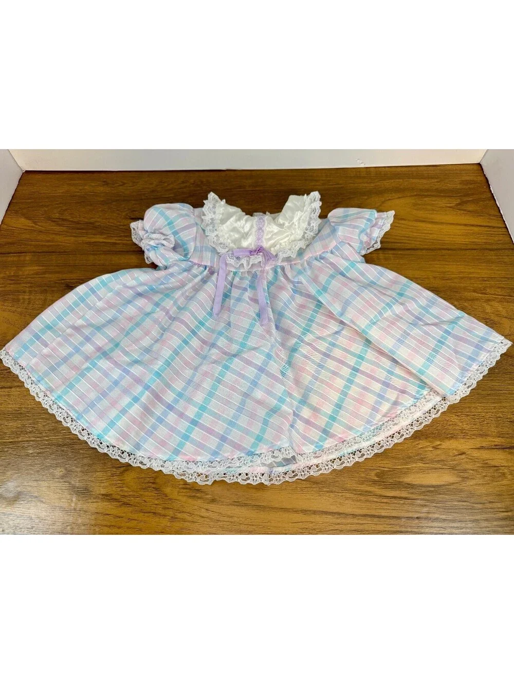 Vintage Winnie the Pooh Baby Dress Pastel Plaid Lace Size M